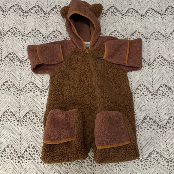 Columbia Brown Bear Fleece Kids Outerwear One Piece Fold Over Hands & Feet 12-18 - Picture 2 of 8